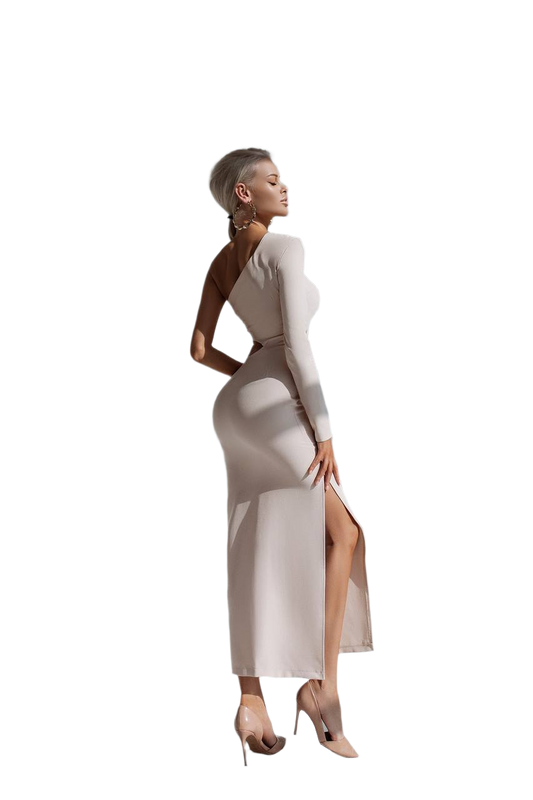 Woman wearing a white dress with a high slit on a white background