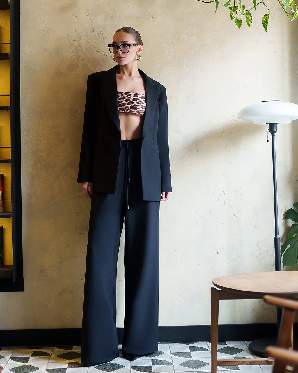 Black Womens Wide Leg Trouser Suit with Blazer Premium Viscose Blend