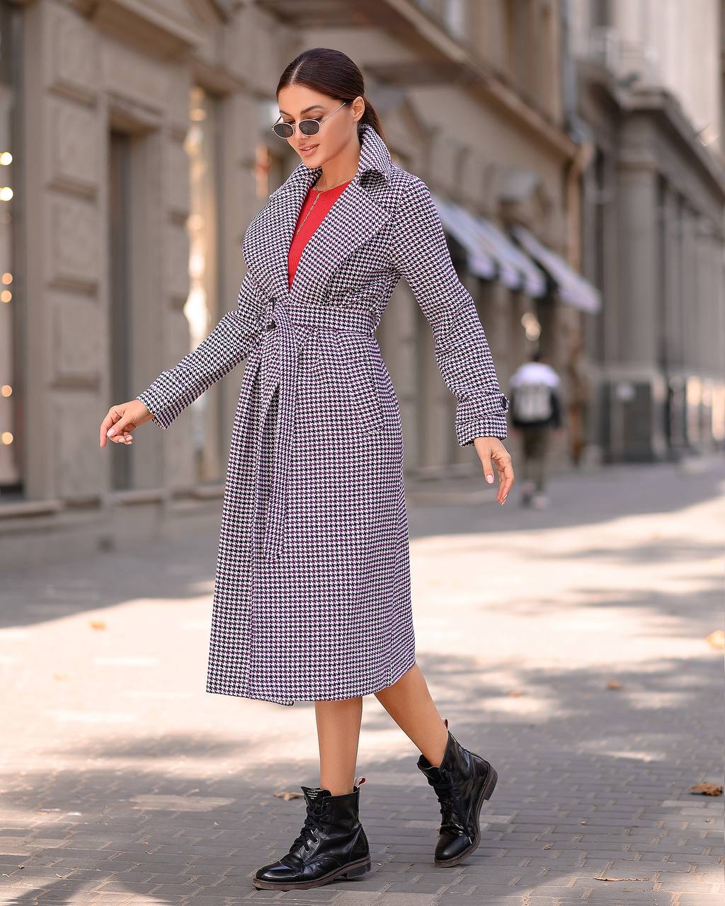 Womens Turkish Fabric Houndstooth Pattern Coat Long Trench Style Belted