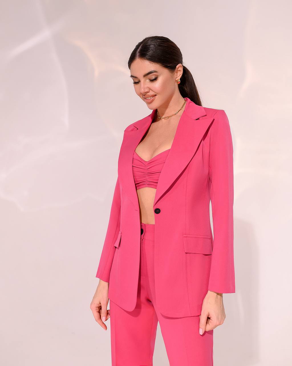 3 Pieces Women Prom Bridal Wedding Cocktail Suit Set Pantsuit Trousers Jacket Pants Top Bra Raspberry
