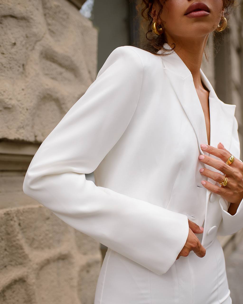 Premium Diagonal Crepe Women's Suit Blazer with Lining and Trousers in White