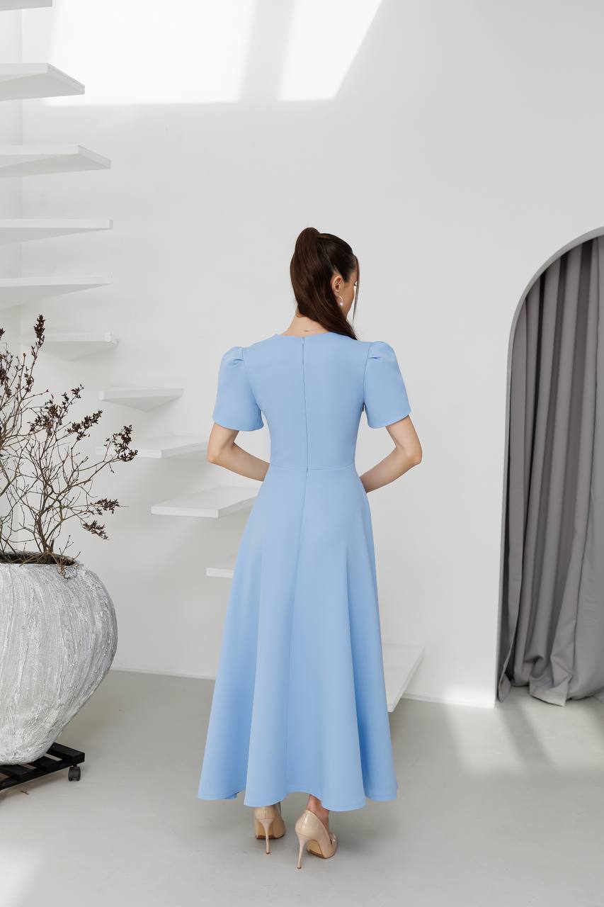 Elegant Diagonal Crepe Long Dress with Puff Sleeves for Women