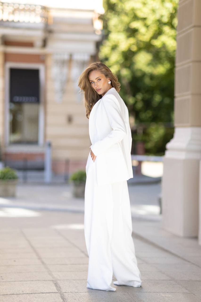 White Palazzo Suit Diagonal Crepe Womens Pantsuit with Premium Lining