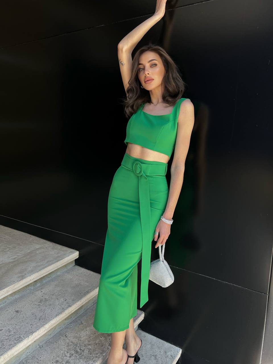 Womens Pencil Skirt and Top Set Diagonal Crepe