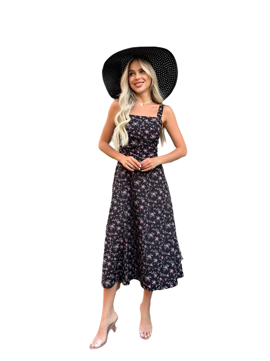 Floral Print Midi Dress with Square Neck and Open Back