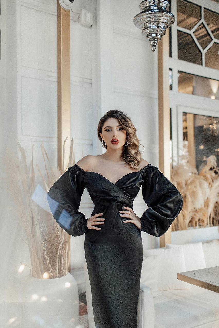 Elegant Off Shoulder Midi Dress in Mango Satin
