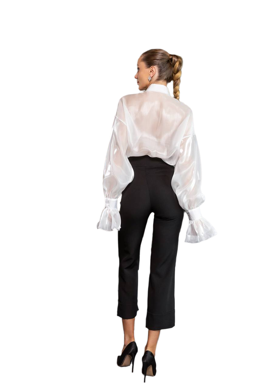 Woman wearing a sheer white blouse and black pants on a white background