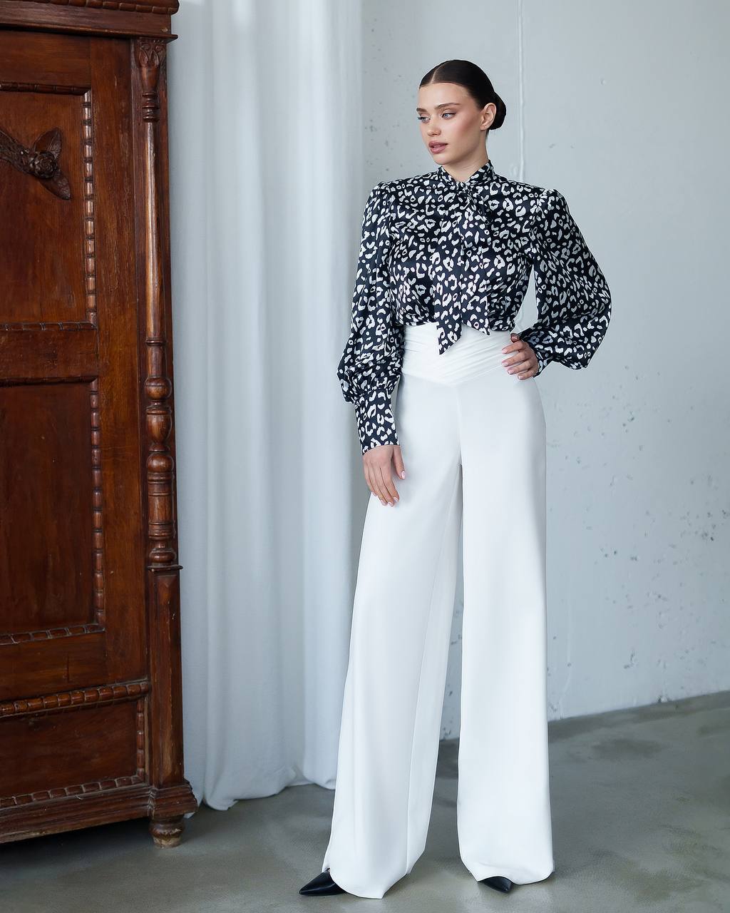 Womens Satin Printed Blouse with Tie Neck in Black White Leo
