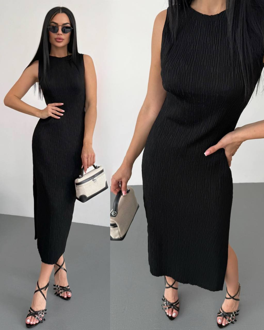Greta Black Sleeveless Midi Dress with Side Slit for Women