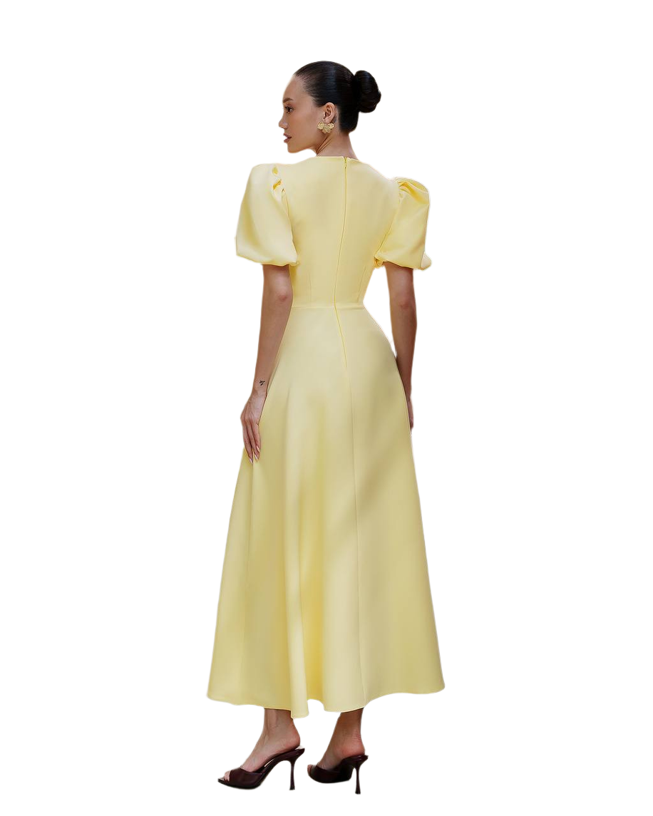 Women Midi Dress Premium Diagonal Suit Crepe Yellow Puff Sleeve