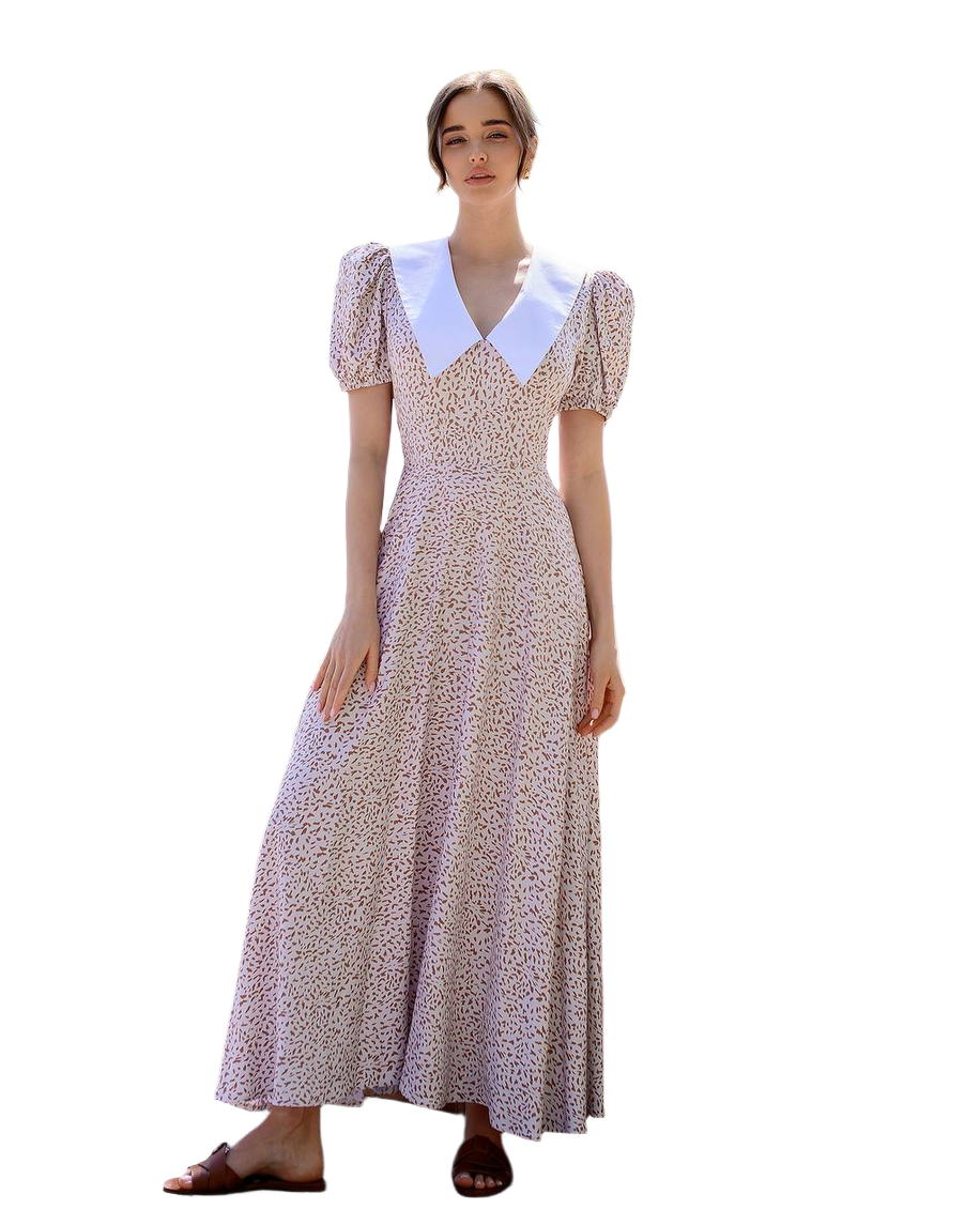 Elegant Printed Dress with Puff Sleeves and Wide Collar
