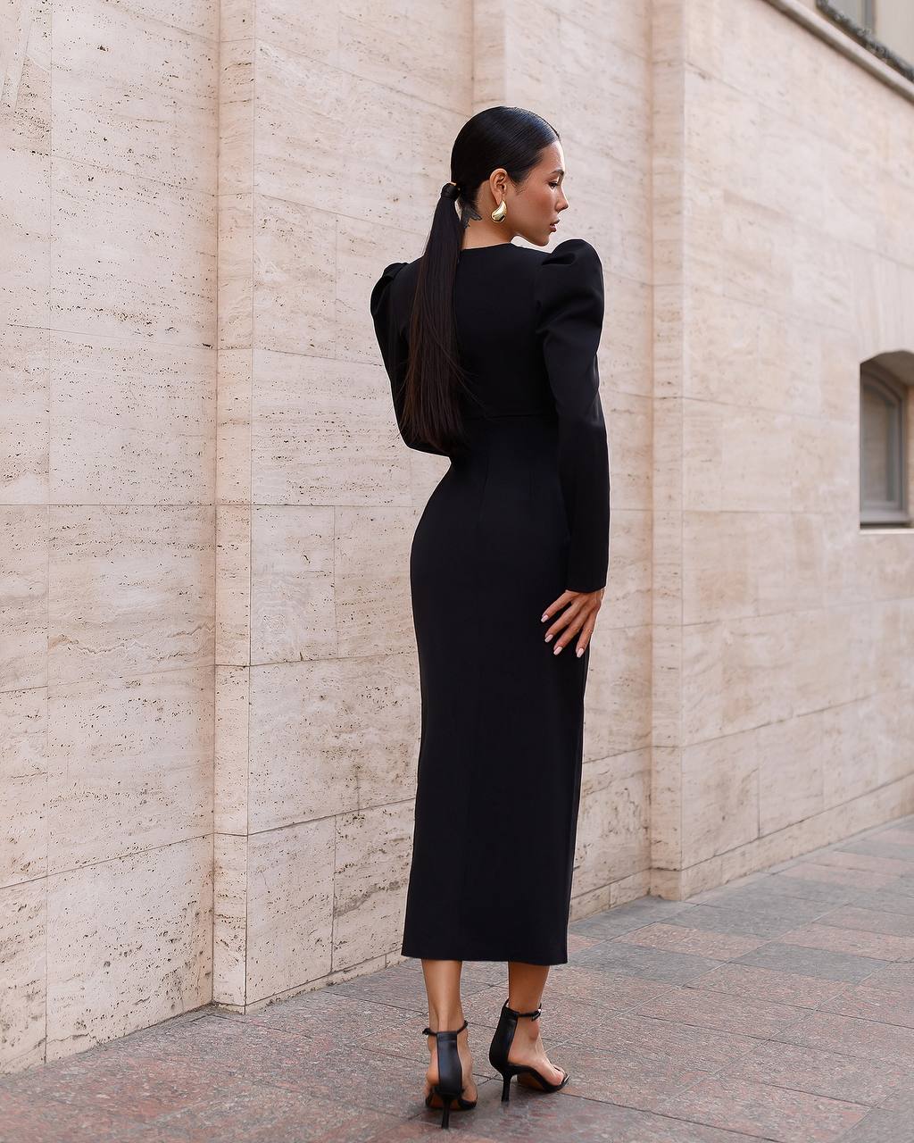 Elegant Black Midi Dress Women Puff Sleeve Crepe Diagonal Fabric