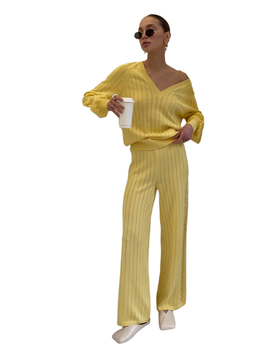 Spring Yellow Women Knit Suit with Dropped Sleeves and Wide Leg Trousers