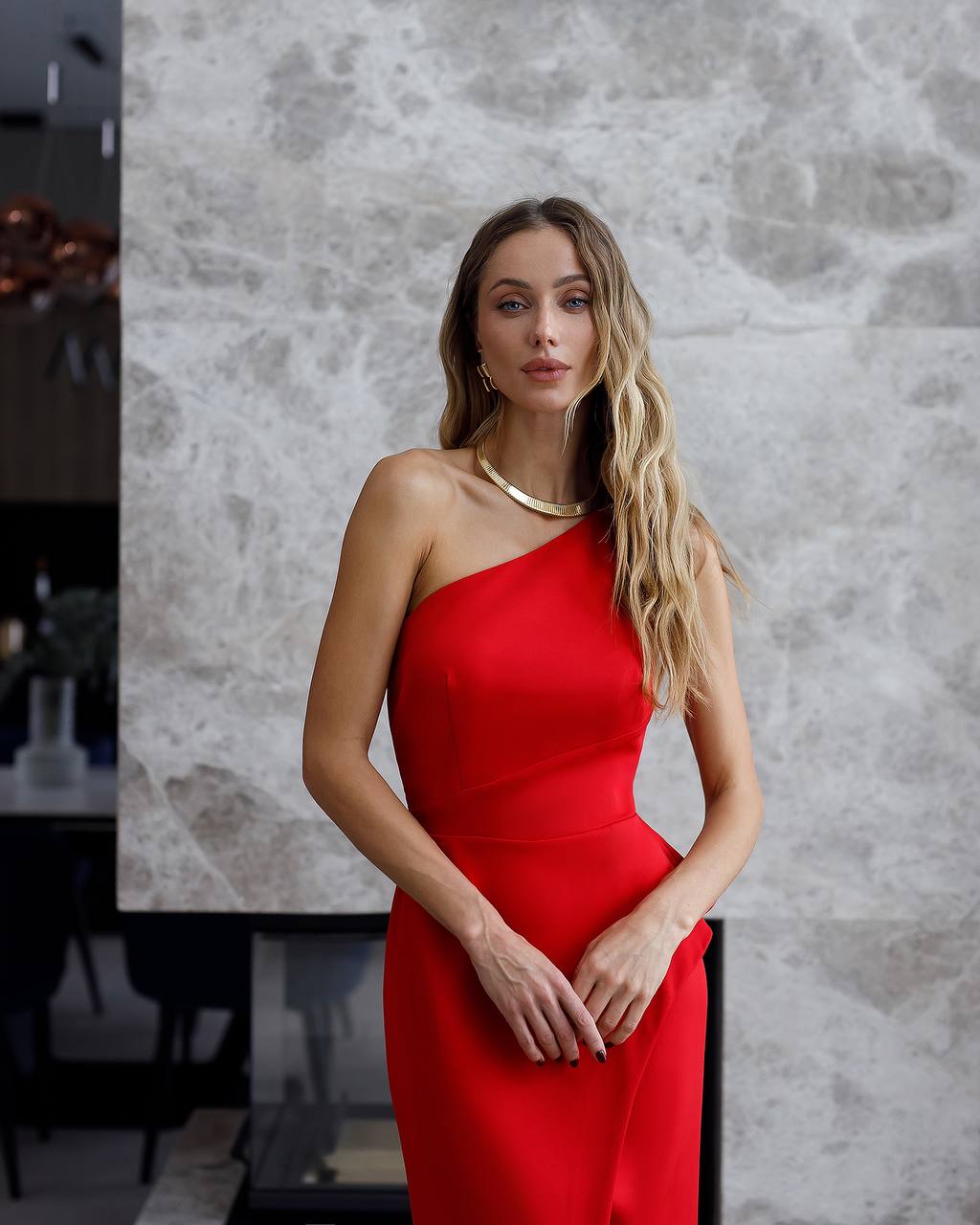 One Shoulder Red Midi Dress with Side Slit
