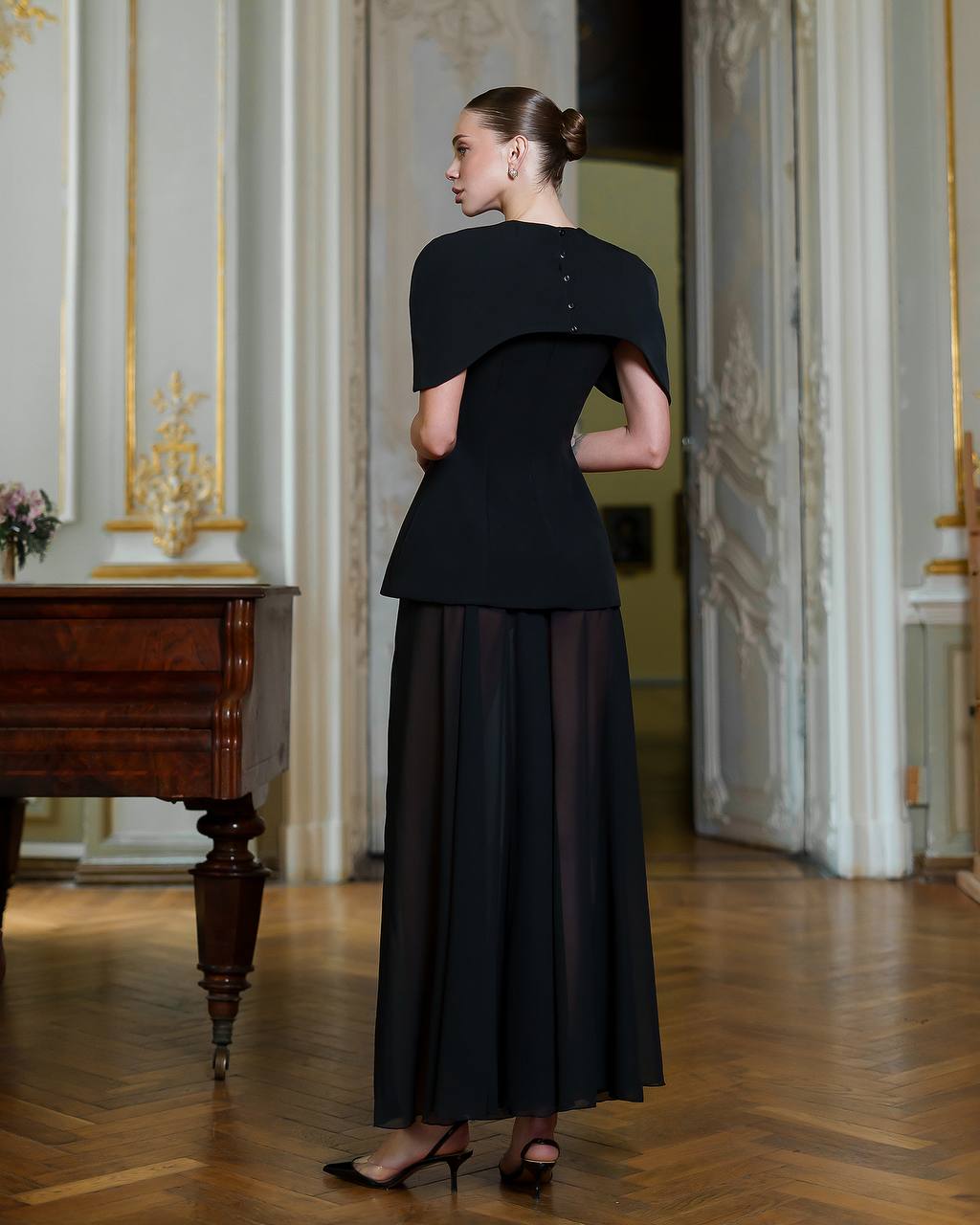 Elegant Corset Dress Set with Skirt and Cape in Premium Crepe and Chiffon