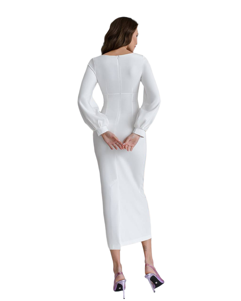 Elegant White Midi Dress for Women in Premium Suiting Crepe Fabric