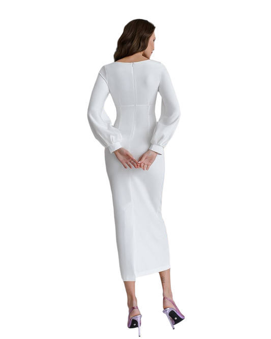 Woman wearing a white dress on a white background