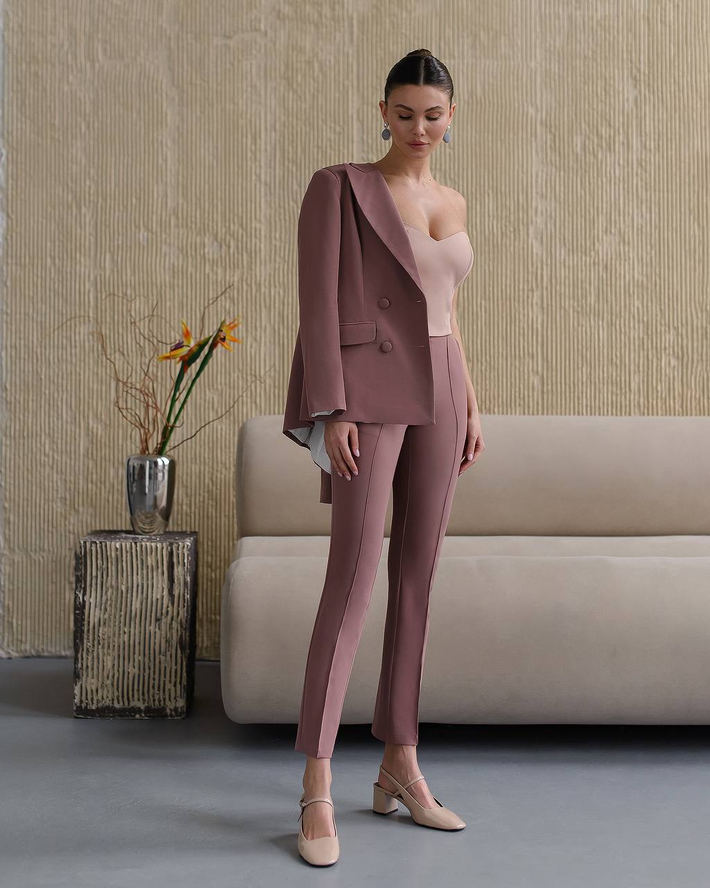 Brown Women Jacket Pants Suit Pantsuit Chic Oficial interview Elegant Cocktail Prom Graduation