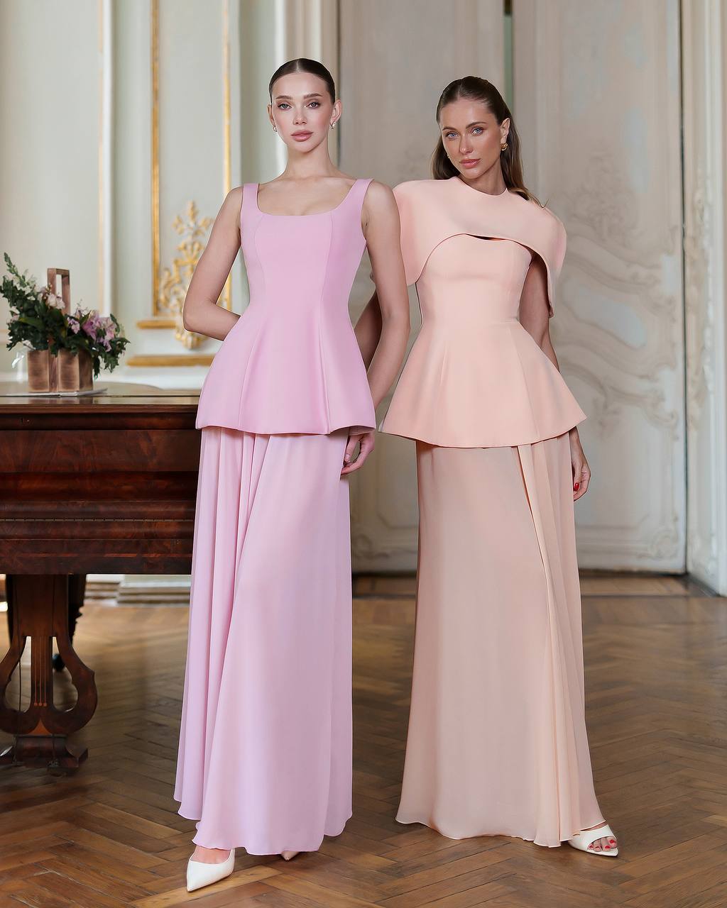 Elegant Corset Dress Set with Skirt and Cape in Premium Diagonal Suiting Crepe and Windy Chiffon