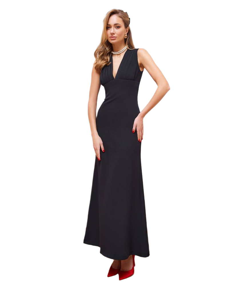 Elegant Women's Long Black Dress in Diagonal Crepe Fabric