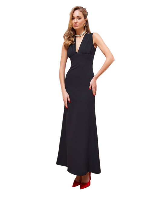 Elegant Women's Long Black Dress in Diagonal Crepe Fabric