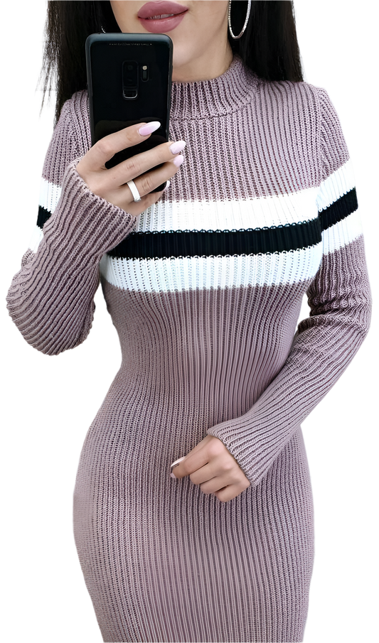 Person wearing a ribbed knit dress with a white and navy stripe, holding a phone.