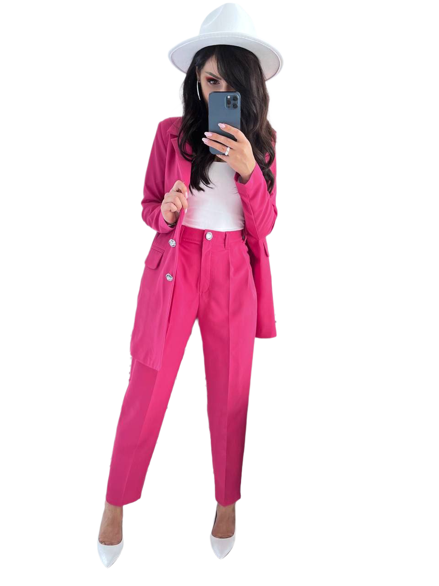 Person wearing a bright pink outfit with a white hat on a white background