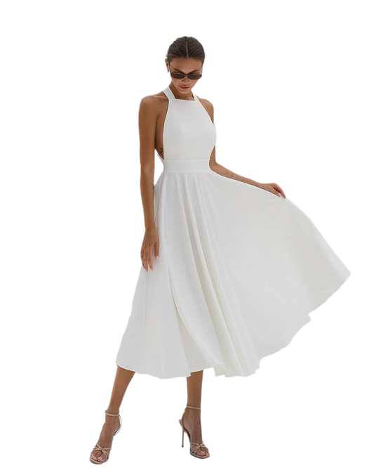 Elegant White Midi Dress for Women Premium Crepe Diagonal Fabric