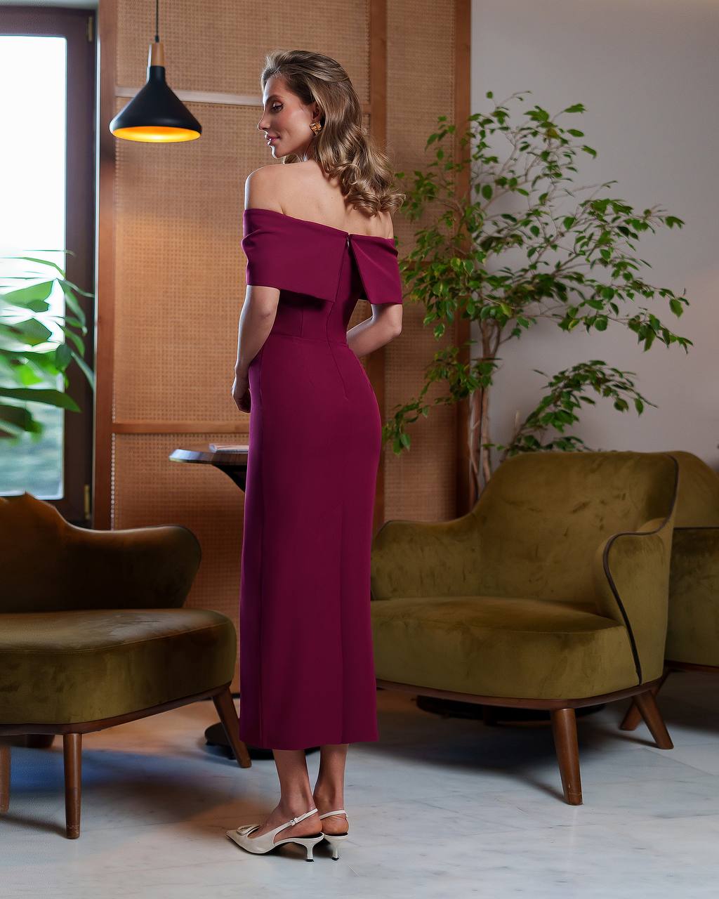 Elegant Burgundy Off Shoulder Midi Dress with Corset Detail