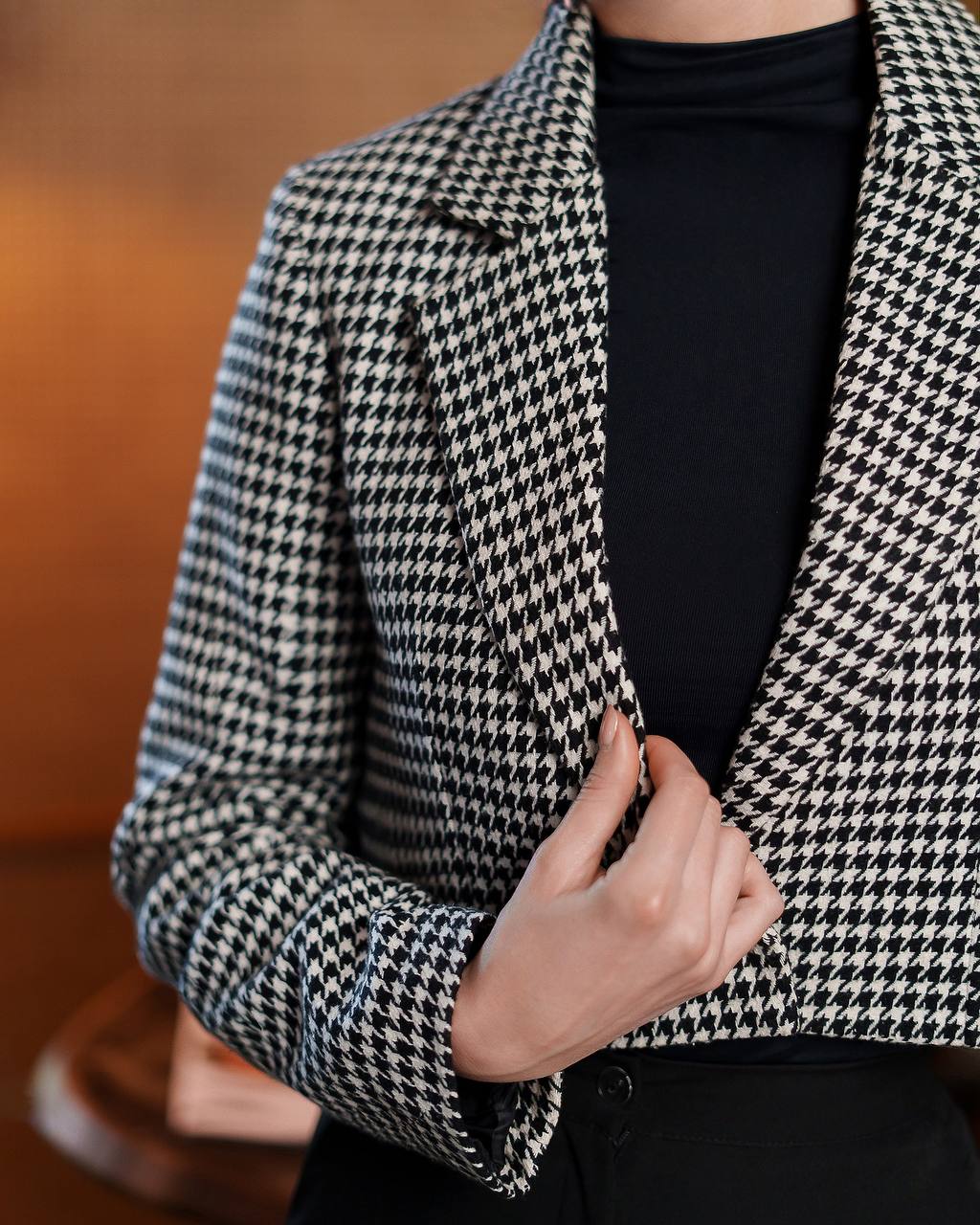 Houndstooth patterned blazer worn by a person against a blurred background