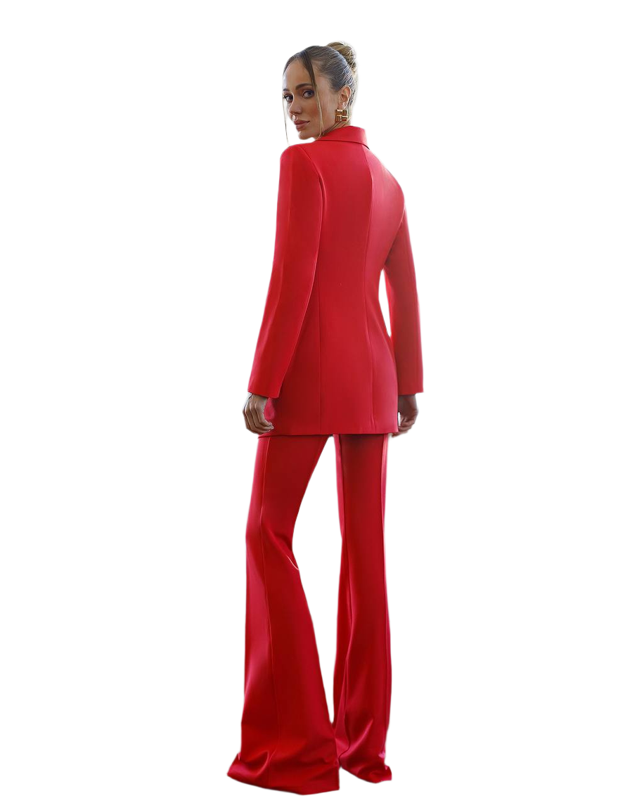 Red suit worn by a model on a white background