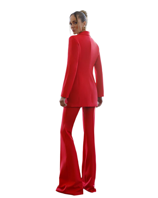 Red suit worn by a model on a white background