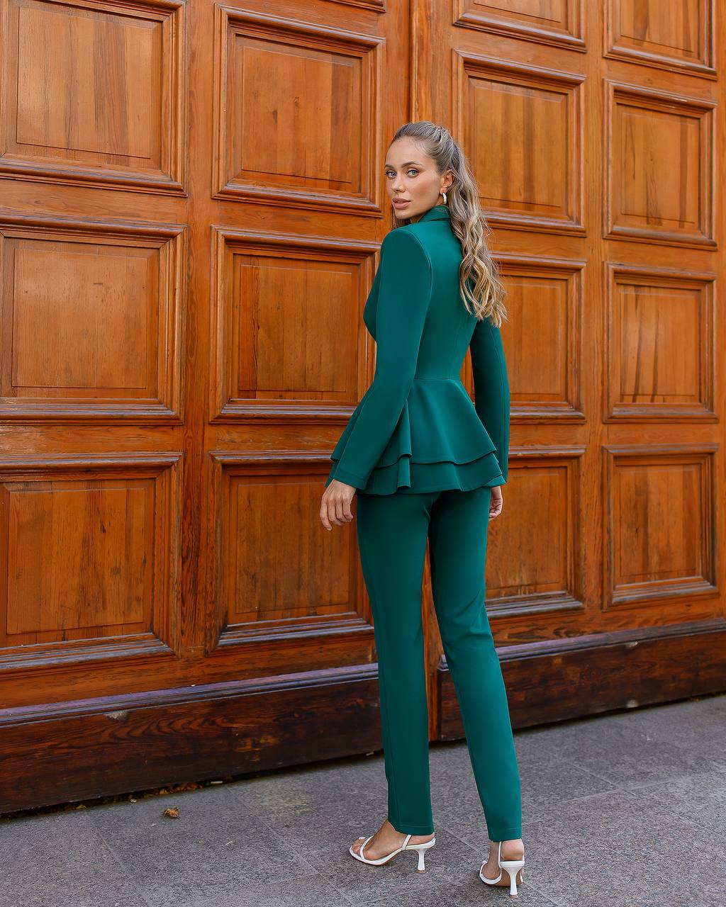 Premium Diagonal Crepe Women Suit with Peplum Jacket in Green
