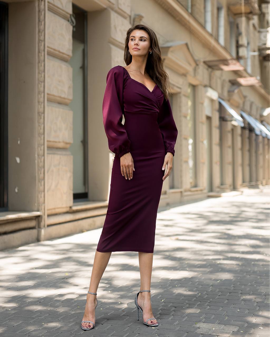 Elegant Burgundy Midi Dress with Puff Sleeves for Women