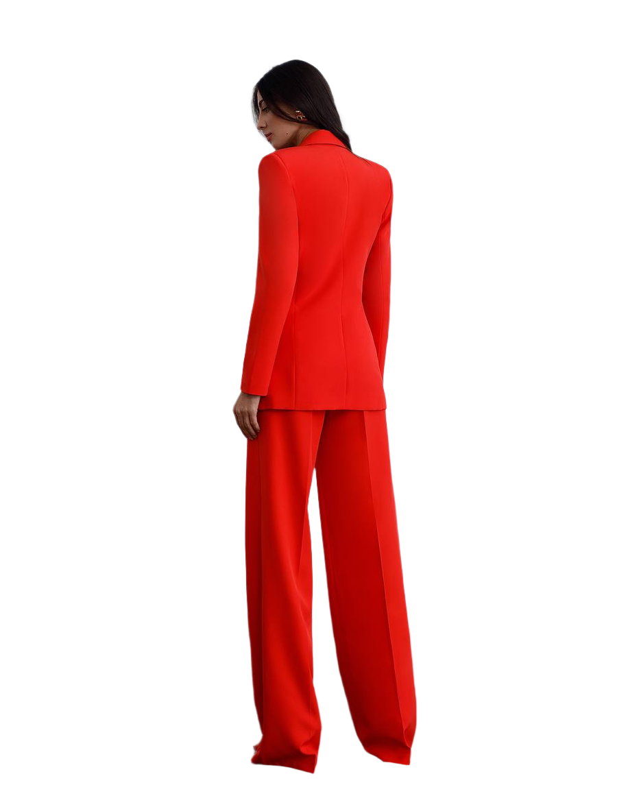 Person wearing a red suit on a white background