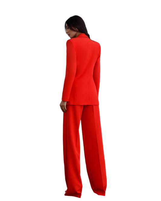 Person wearing a red suit on a white background