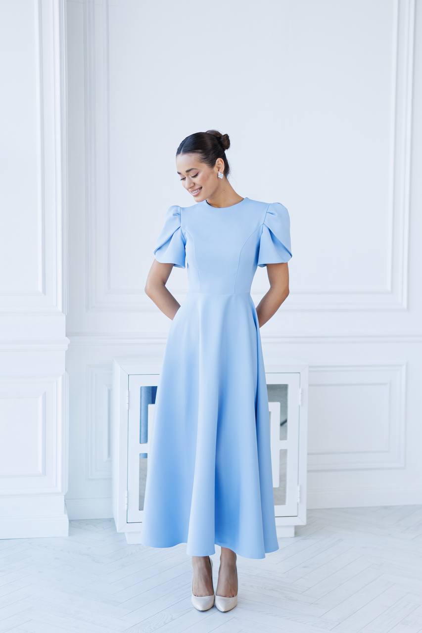 Elegant Diagonal Crepe Long Dress with Puff Sleeves for Women
