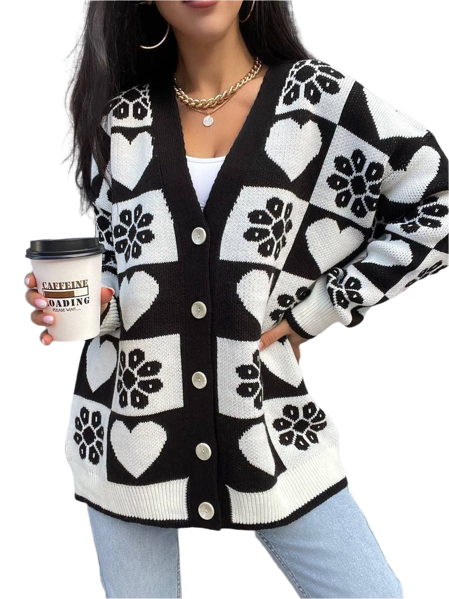 Women Knitted Black White Patterned Cardigan Buttoned Sweater
