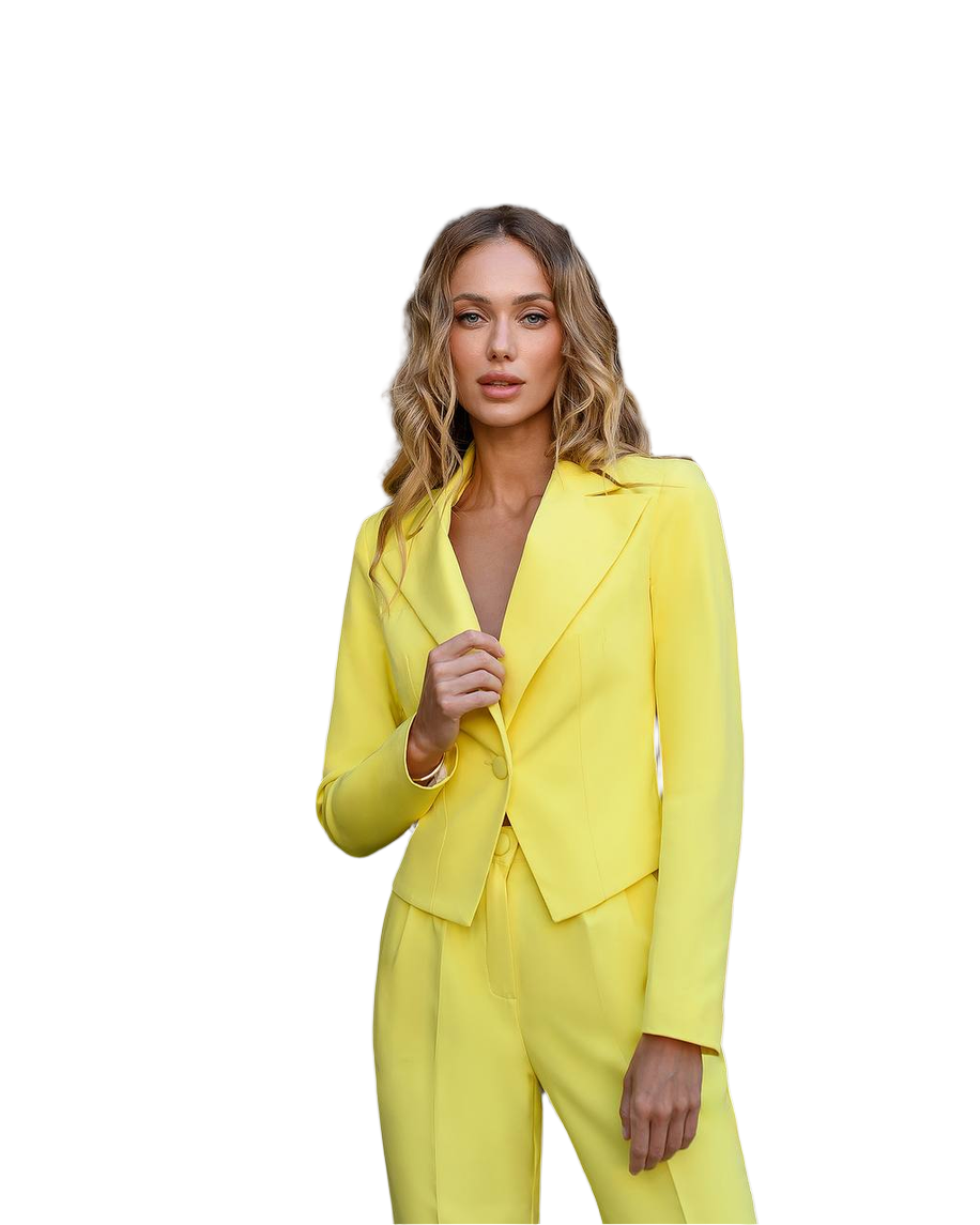 Woman wearing a bright yellow suit on a white background