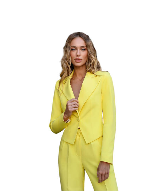 Woman wearing a bright yellow suit on a white background