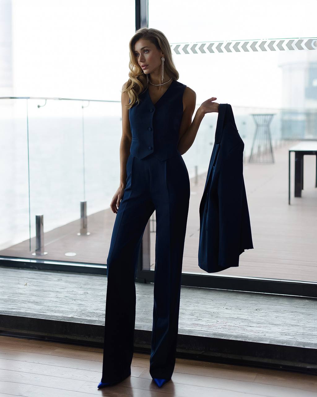 Womens Premium Navy Blue Three Piece Suit Blazer Vest Trousers