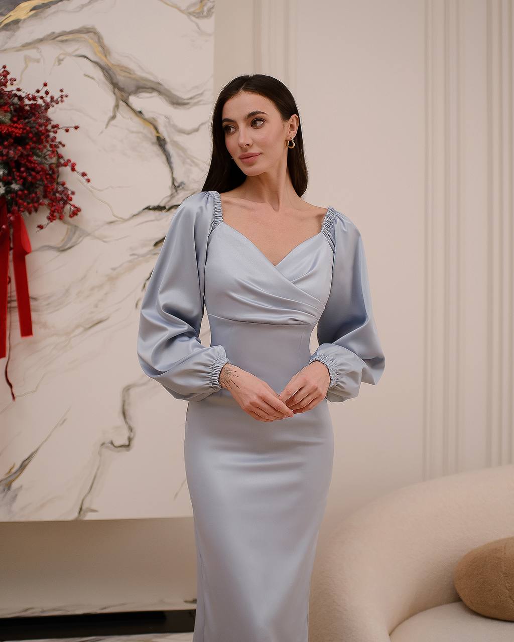 Elegant Midi Dress for Women in Grey-Blue Mango Satin