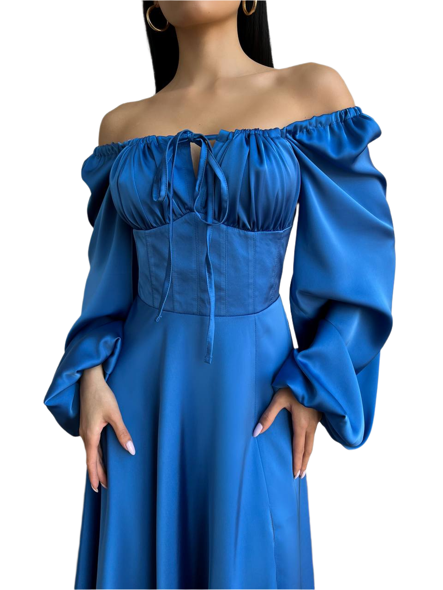 Blue off-shoulder dress with long sleeves on a white background