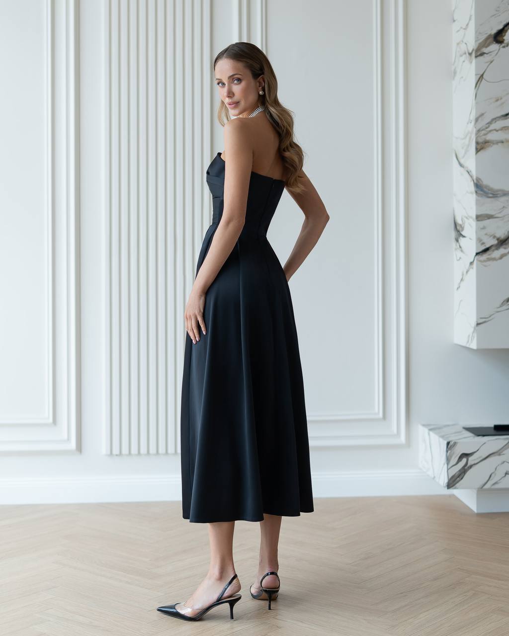 Women's Premium Dense Satin Strapless Midi Dress