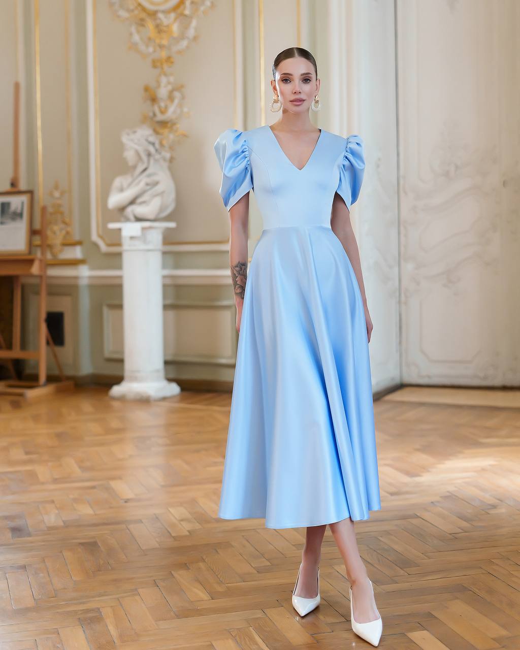 Elegant Premium Satin Puff Sleeve Midi Dress in Blue