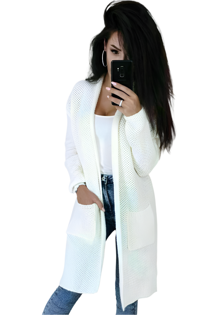 Women Long White Knit Cardigan Wool Acrylic Blend