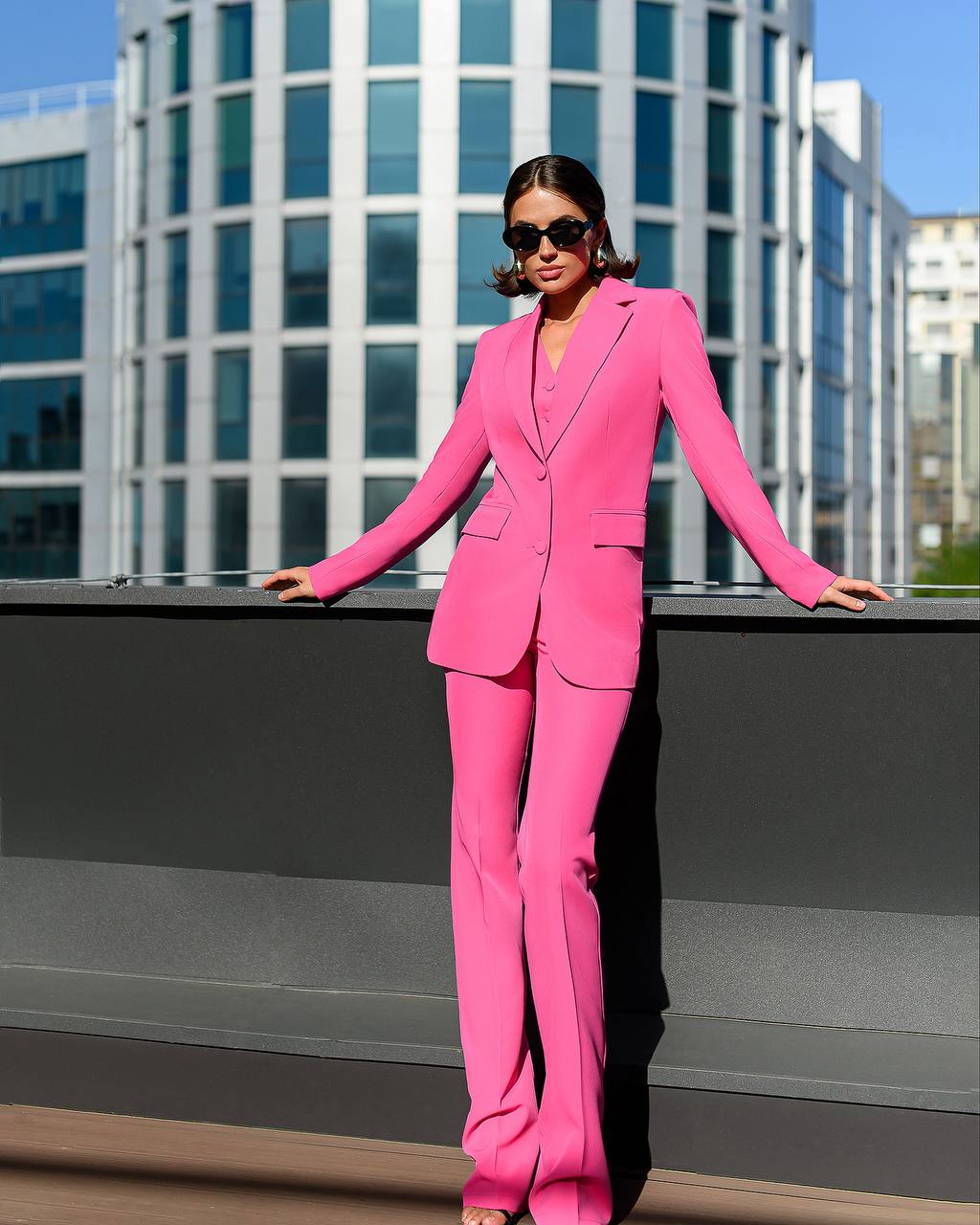 Womens Three Piece Suit with Vest in Vibrant Pink Diagonal Crepe