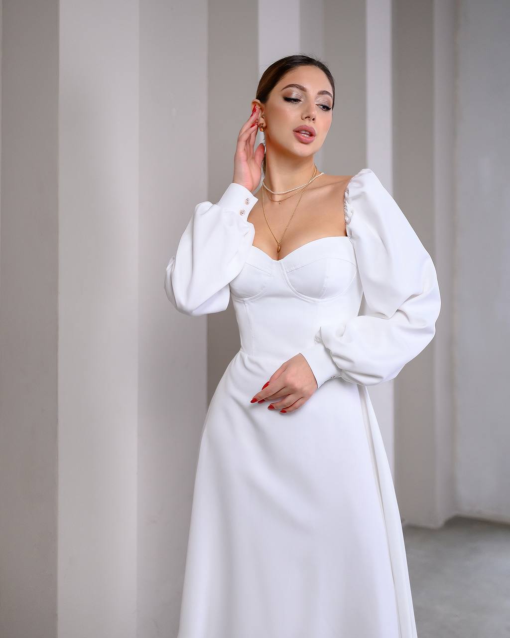 White Midi Dress with Cups and Long Puff Sleeves for Women