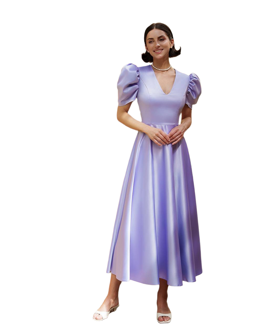 Elegant Puff Sleeve Satin Midi Dress in Lavender