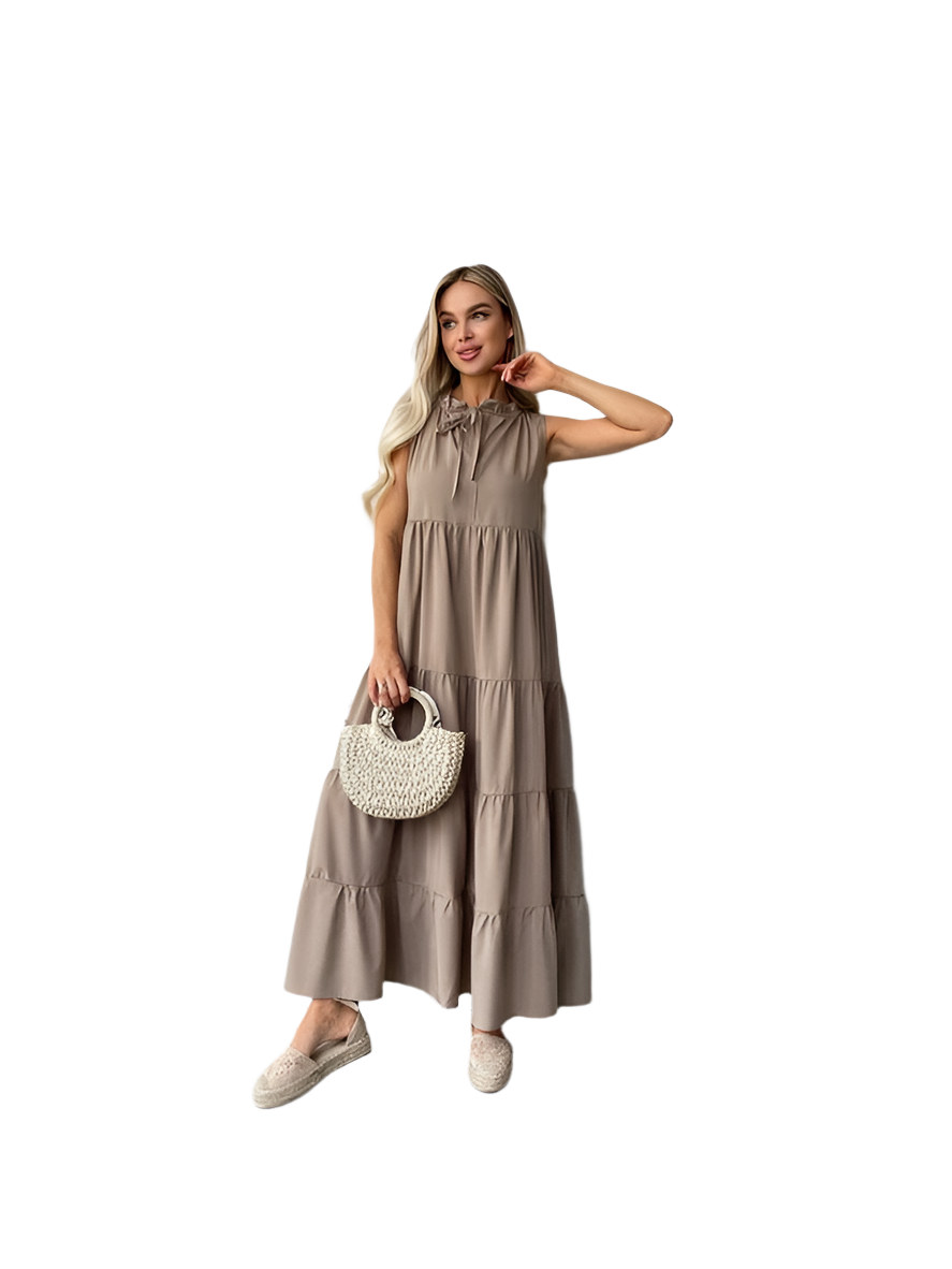 Sleeveless Loose Fit Tiered Maxi Dress with Tie Neck
